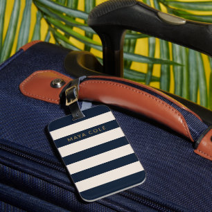 Elegant Navy Blue & Cream Stripes Personalised Luggage Tag
