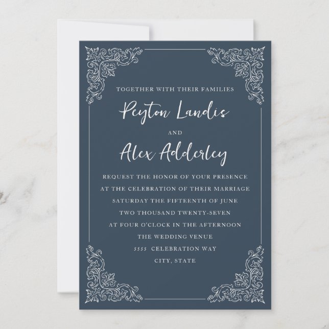 Elegant Navy Blue Cream Wedding Invitation (Front)
