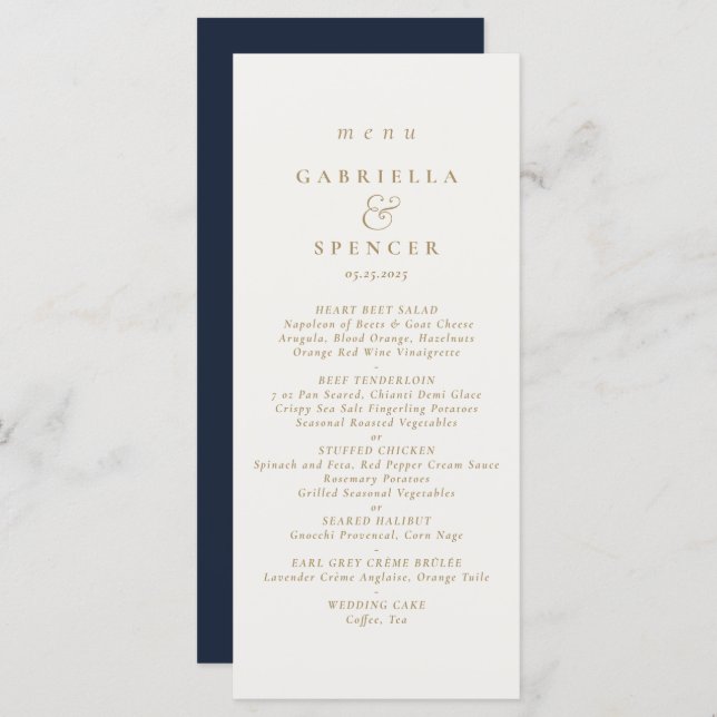 Elegant Navy Blue Cream Wedding Menu (Front/Back)