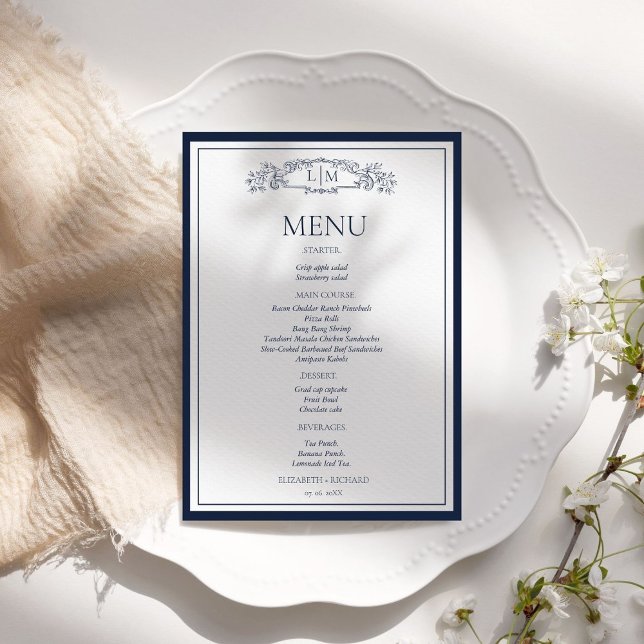 Elegant Navy Blue Crest Botanical Monogram Wedding Menu (Creator Uploaded)