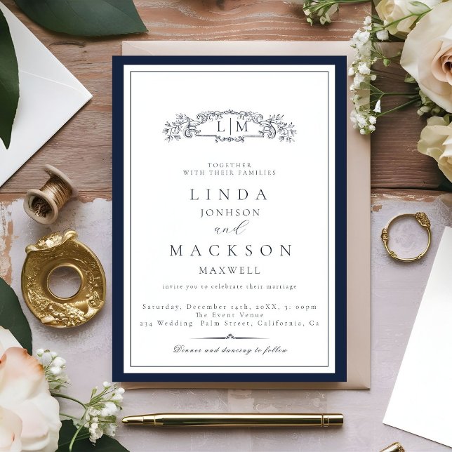 Elegant Navy blue Crest Monogram Wedding  Invitation (Creator Uploaded)
