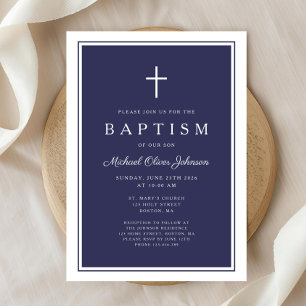 Elegant Navy Blue Cross Baby Boy Baptism Invitation
