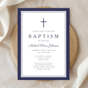 Elegant Navy Blue Cross Boy Baptism Invitation