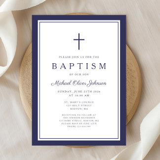 Elegant Navy Blue Cross Boy Baptism Invitation
