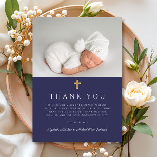 Elegant Navy Blue Cross Boy Baptism Photo Thank You Card