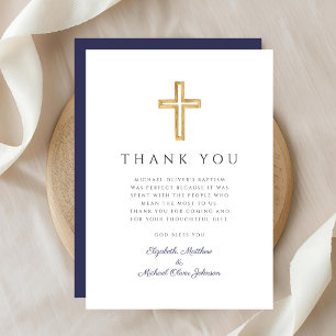 Elegant Navy Blue Cross Boy Baptism Thank You Card