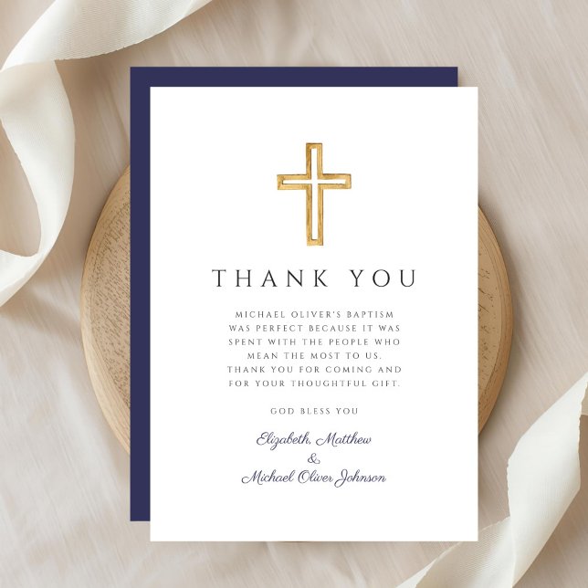 Elegant Navy Blue Cross Boy Baptism Thank You Card (Elegant Navy Blue Cross Boy Baptism Thank You Card)
