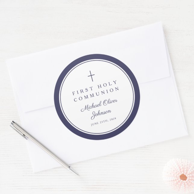 Elegant Navy Blue Cross Boy First Communion  Classic Round Sticker (Envelope)