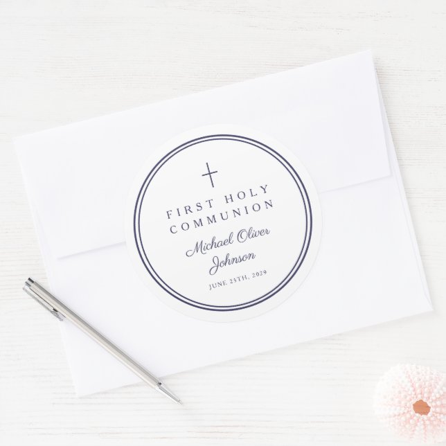 Elegant Navy Blue Cross Boy First Communion  Classic Round Sticker (Envelope)