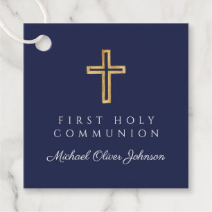 Elegant Navy Blue Cross Boy First Communion Favour Tags