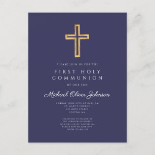 Elegant Navy Blue Cross Boy First Communion Postcard