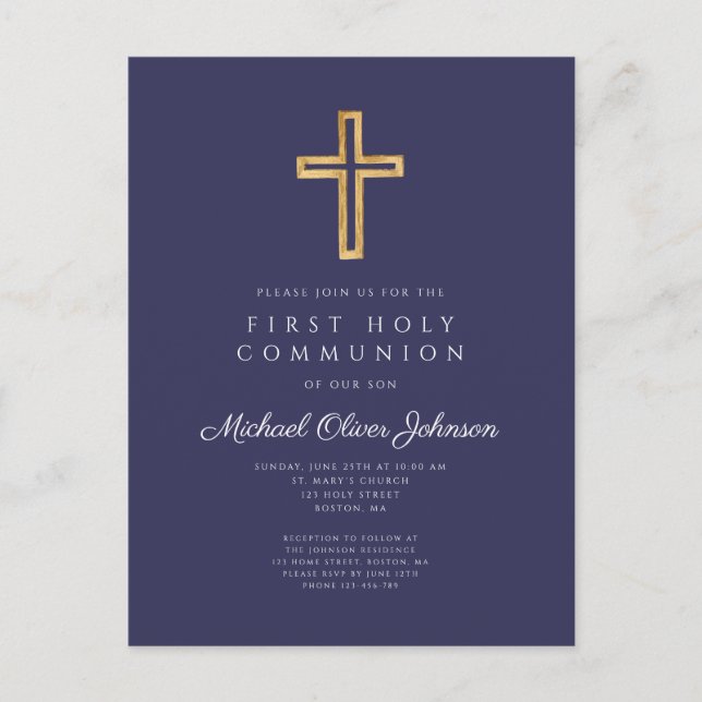 Elegant Navy Blue Cross Boy First Communion Postcard (Front)