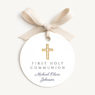 Elegant Navy Blue Cross Boy First Communion Round Favour Tags