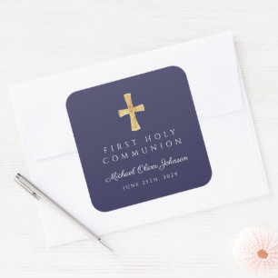 Elegant Navy Blue Cross Boy First Communion  Square Sticker