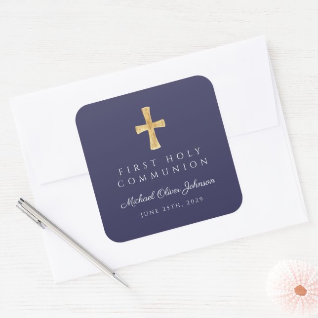 Elegant Navy Blue Cross Boy First Communion  Square Sticker (Envelope)