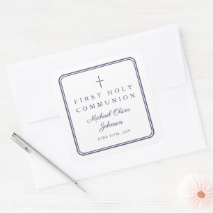 Elegant Navy Blue Cross Boy First Communion Square Sticker