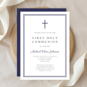 Elegant Navy Blue Cross Boy First Holy Communion Invitation