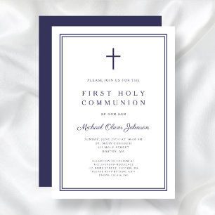 Elegant Navy Blue Cross Boy First Holy Communion Invitation