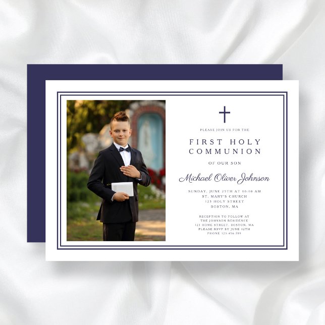 Elegant Navy Blue Cross Boy Photo First Communion Invitation (Elegant Navy Blue Cross Boy Photo First Communion Invitation)