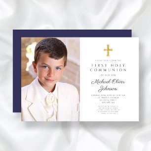 Elegant Navy Blue Cross Photo Boy First Communion Invitation