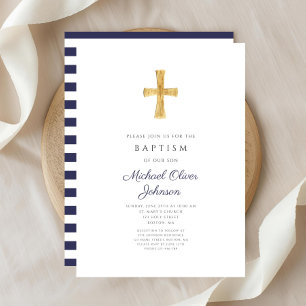 Elegant Navy Blue Cross Religious Boy Baptism Invitation