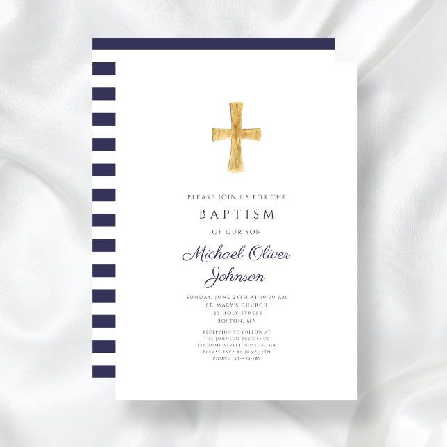 Elegant Navy Blue Cross Religious Boy Baptism Invitation (Elegant Navy Blue Cross Religious Boy Baptism Invitation)