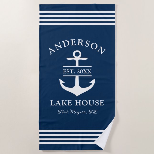 Elegant Navy Blue Custom Family Lake House Beach Towel (Front)