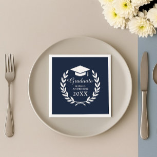 Elegant Navy Blue Custom Name Graduation Emblem Napkin