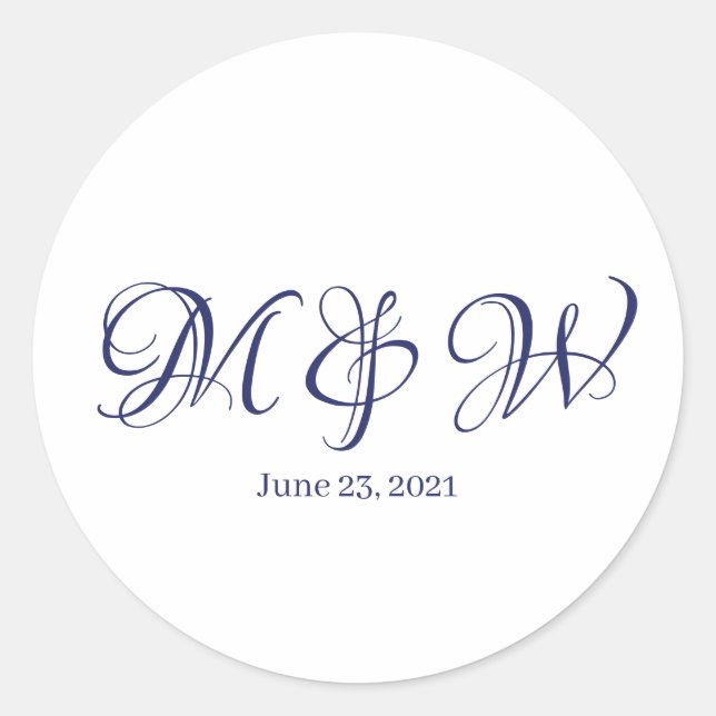 Elegant navy blue custom script monogram wedding classic round sticker (Front)