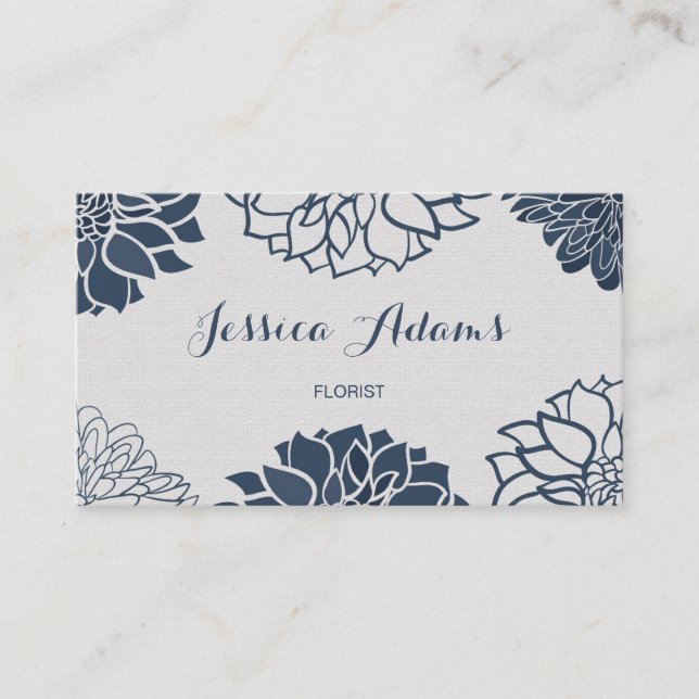 Elegant Navy Blue Dahlia Floral Florist Business Card (Front)