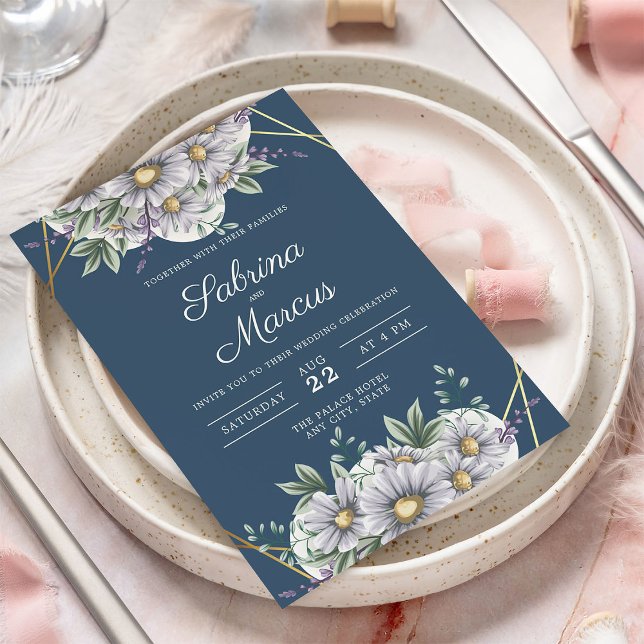 Elegant Navy Blue Daisy Floral Geometric Wedding  Invitation (Creator Uploaded)