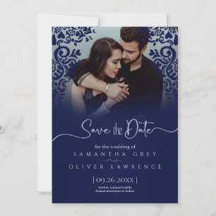 Elegant Navy Blue Damask Save the Date Photo Card