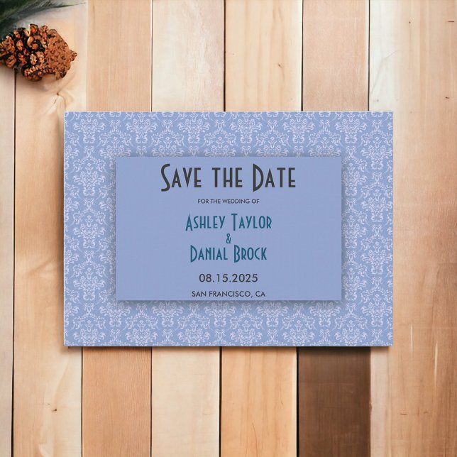 Elegant Navy Blue Damask Script Ornate Wedding Save The Date (Creator Uploaded)