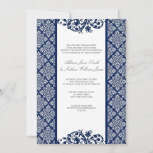 Elegant Navy Blue Damask Wedding Invitation