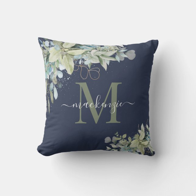 Elegant Navy Blue Eucalyptus Botanical Monogram Cushion (Front)
