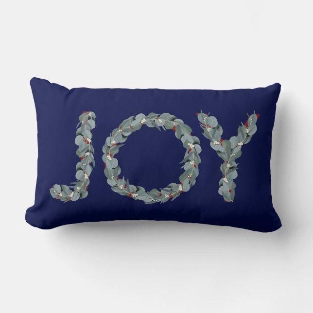 Elegant Navy Blue Eucalyptus Christmas Joy Lumbar Cushion (Front)