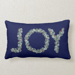 Elegant Navy Blue Eucalyptus Christmas Joy Lumbar Cushion
