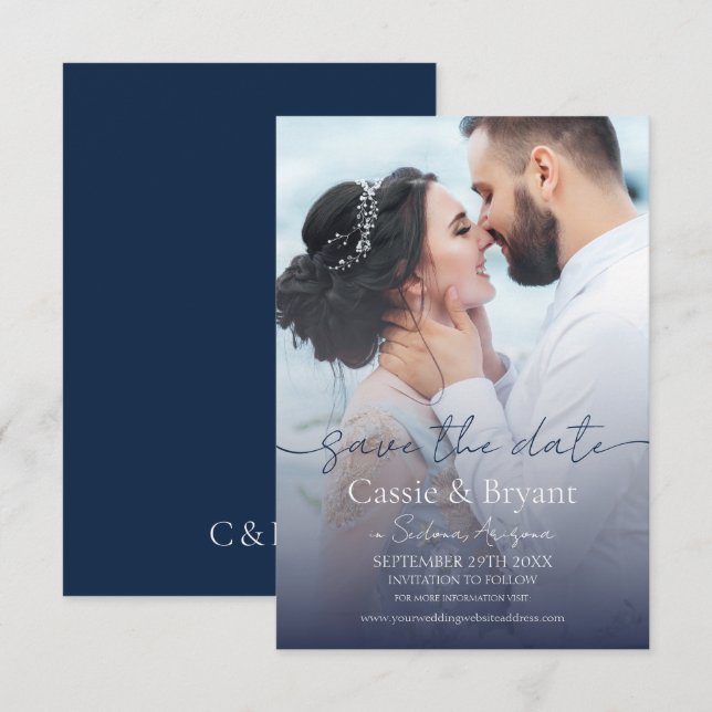 Elegant Navy Blue Fade Photo Wedding Save the Date (Front/Back)
