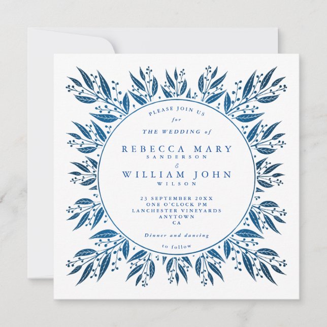 Elegant Navy Blue faux foil greenery Wedding Invitation (Front)