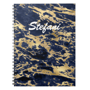Elegant Navy Blue Faux Gold Glitter Marble Art Notebook