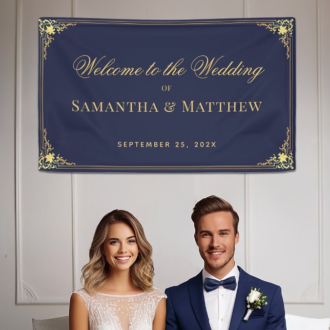 Elegant Navy Blue Faux Gold Ornate Wedding Welcome Banner (Creator Uploaded)