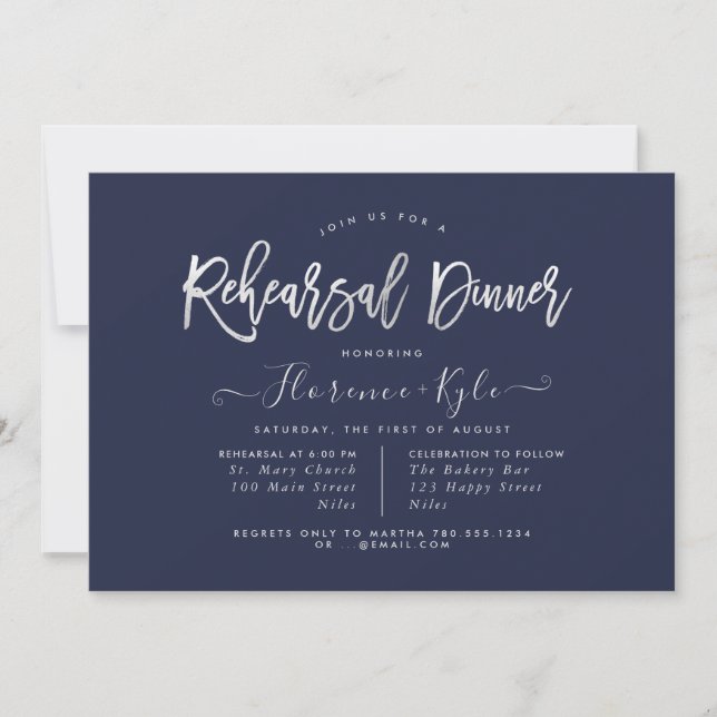 Elegant Navy Blue+Faux Silver Rehearsal Dinner Invitation (Front)