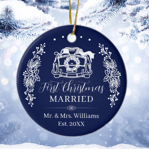Elegant Navy Blue First Christmas Married Car Ceramic Tree Decoration