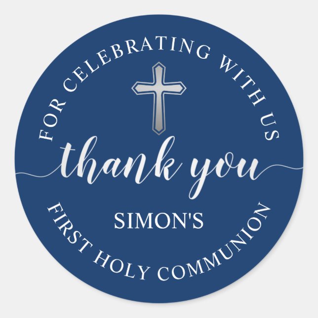 Elegant Navy Blue First Communion Thank You Classic Round Sticker (Front)