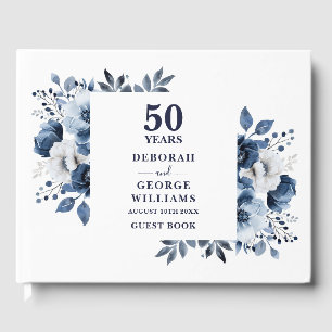 Elegant Navy Blue Floral 50th Wedding Anniversary  Guest Book