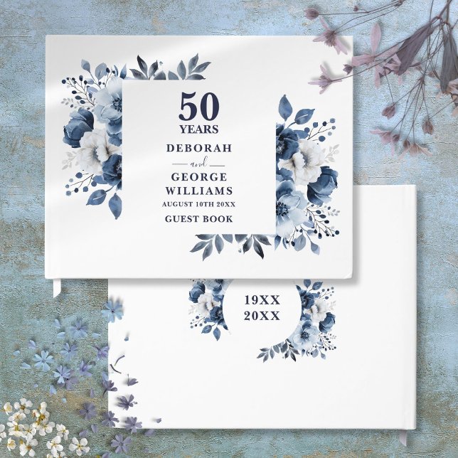 Elegant Navy Blue Floral 50th Wedding Anniversary  Guest Book (Elegant Navy Blue Floral 50th Wedding Anniversary Guest Book)