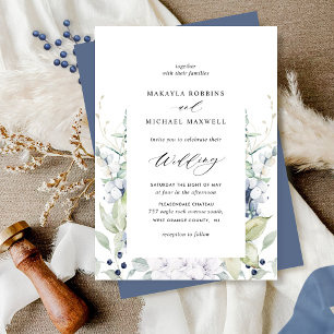 Elegant Navy Blue Floral and Greenery Wedding  Inv Invitation