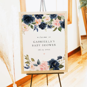 Elegant Navy Blue Floral Baby Shower Welcome Poster
