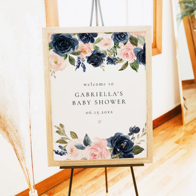 Elegant Navy Blue Floral Baby Shower Welcome Poster (Creator Uploaded)