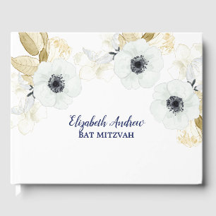 Elegant Navy Blue Floral Bat Mitzvah Guest Book